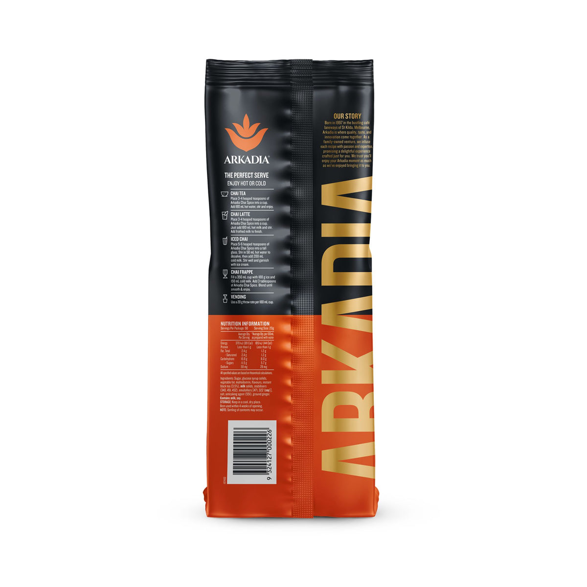 Arkadia Original Chai Spice 1kg back of package, includes nutritional information and recipes.