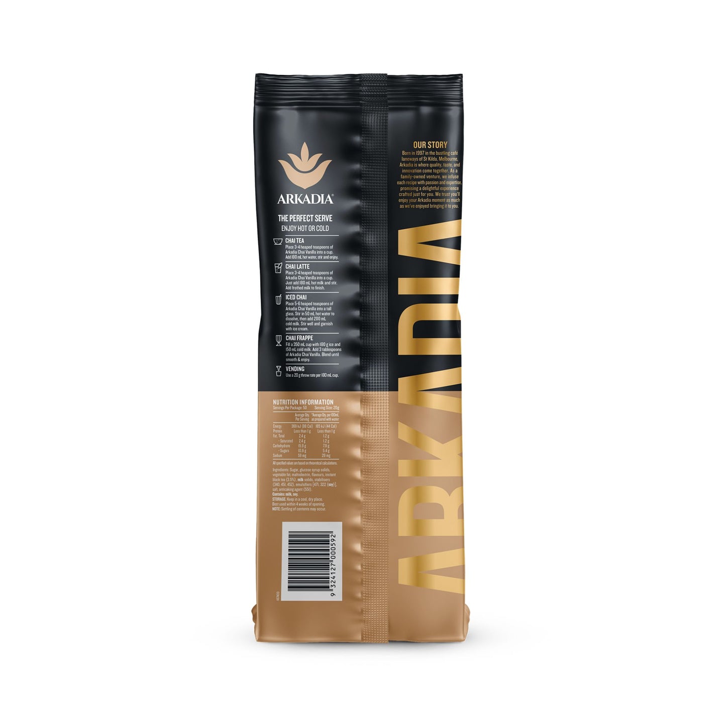 Arkadia Original Chai Vanilla 1kg back of package, includes nutritional information and recipes.