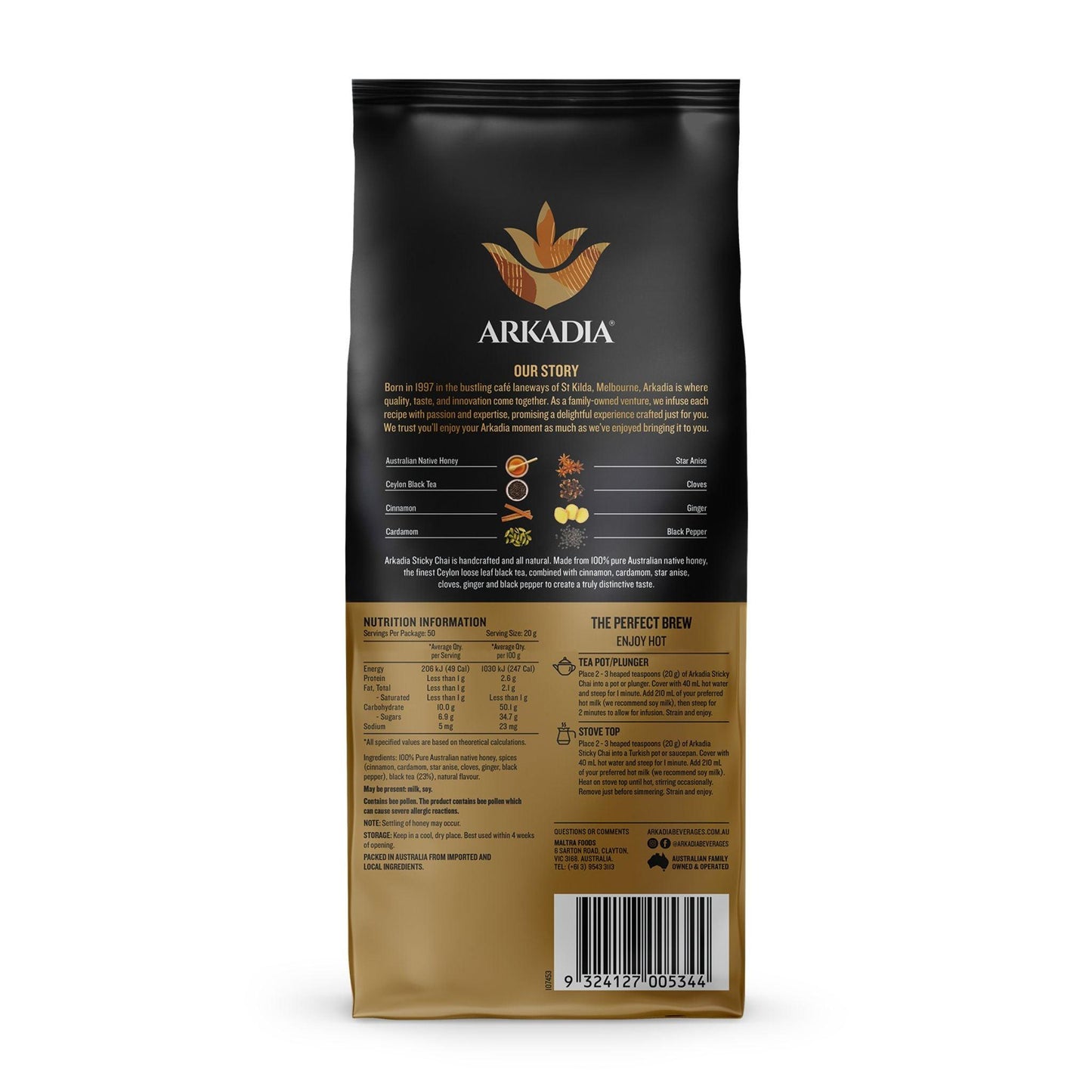 Arkadia Natural Sticky Chai with Honey 1kg Product Nutrition Information