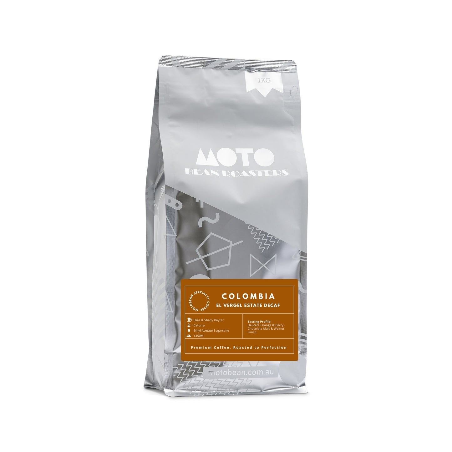 Motobean Coffee Roasters Decaf Coffee Beans from El Vergel Estate 1kg. Produced using the natural ethyl acetate sugarcane process. Tasting: Delicate Orange and Berry. Chocolate Malt and Walnut Finish.