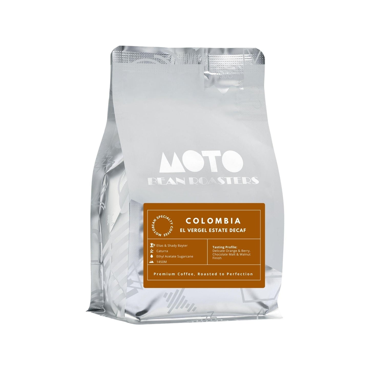 Motobean Coffee Roasters Decaf Coffee Beans from El Vergel Estate 250gm. Produced using the natural ethyl acetate sugarcane process. Tasting: Delicate Orange and Berry. Chocolate Malt and Walnut Finish.