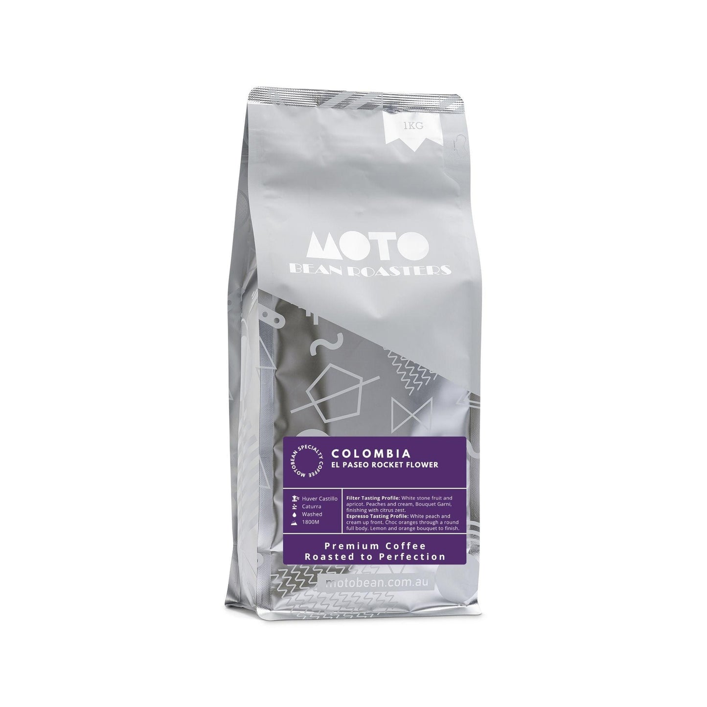 Motobean Specialty Coffee Roasters Colombia El Paseo Rocket Flower. Premium Espresso Coffee Beans 1kg. Tasting: White peach and cream up front. Choc oranges through a round full body. Lemon and orange bouquet to finish. Espresso Roast
