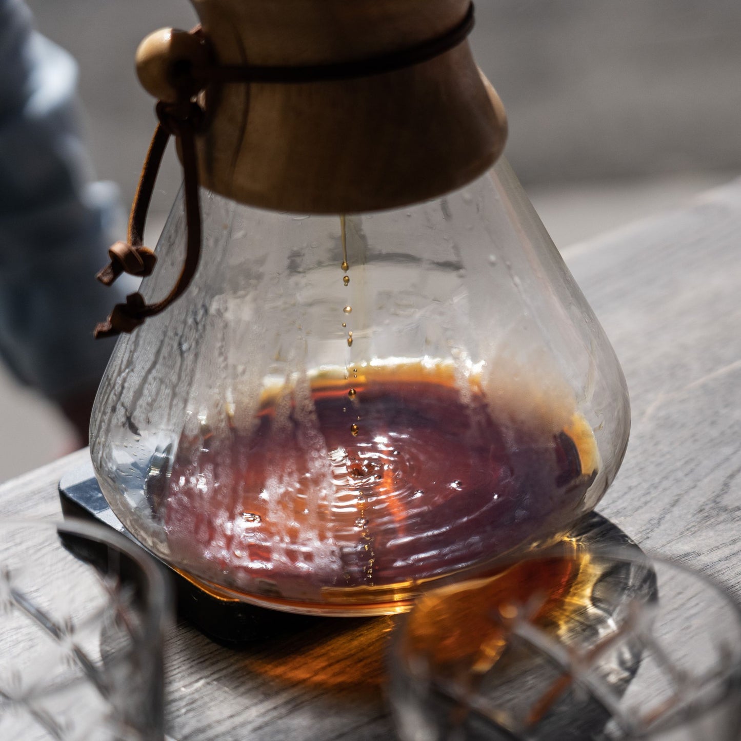 Pourover Filter Coffee Dripping into Glass Carafe. Specialty Single Origin Filter Coffee Roasted by Motobean Specialty Coffee Roasters.