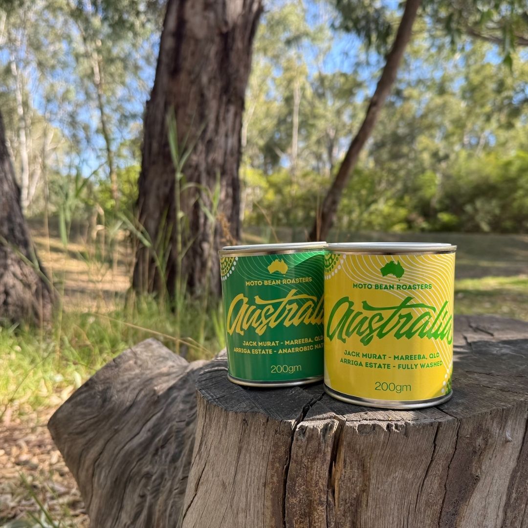 Moto Bean Roasters Australian Coffee Jack Murat Arriga Estate Queensland. So special we've put it these in limited edition Motobean 200gm tins. Fully Washed and Anaerobic Natural. Background Australian Bush.