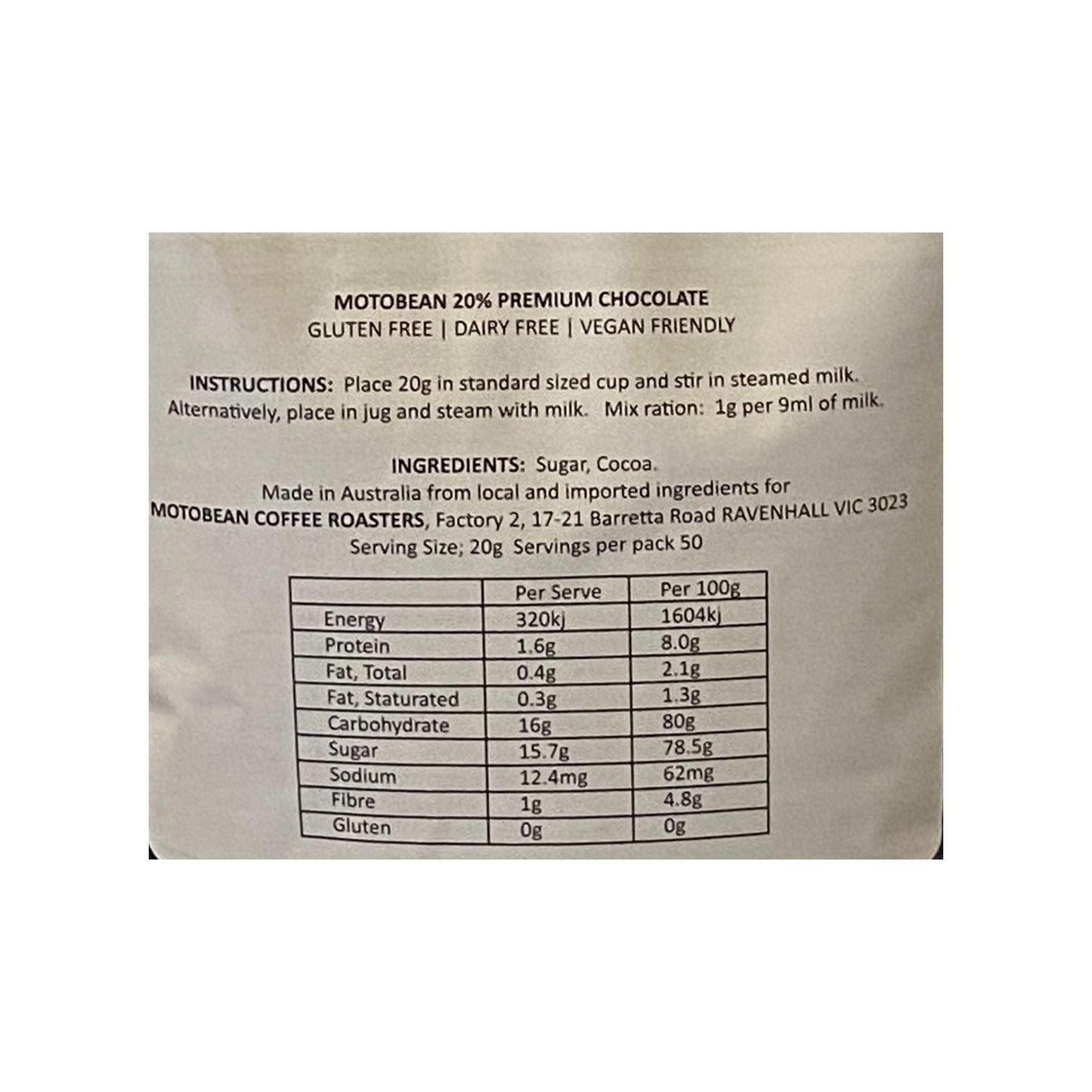 Motobean Roasters Superfine Hot Chocolate Powder 20% Cocoa Ingredients and Instructions