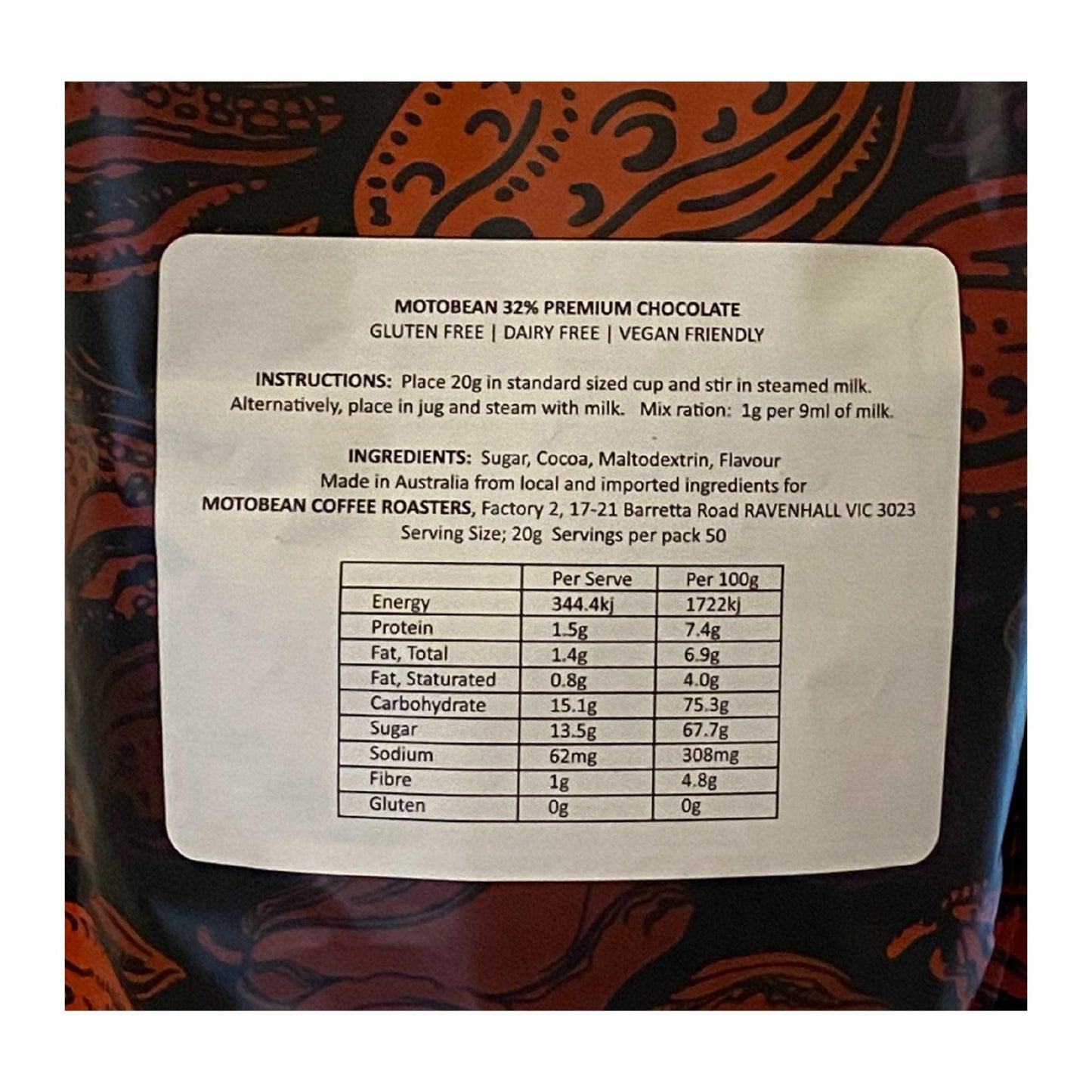 Motobean Roasters 32% CocoaPremium Hot Chocolate Powder Ingredients and Instructions