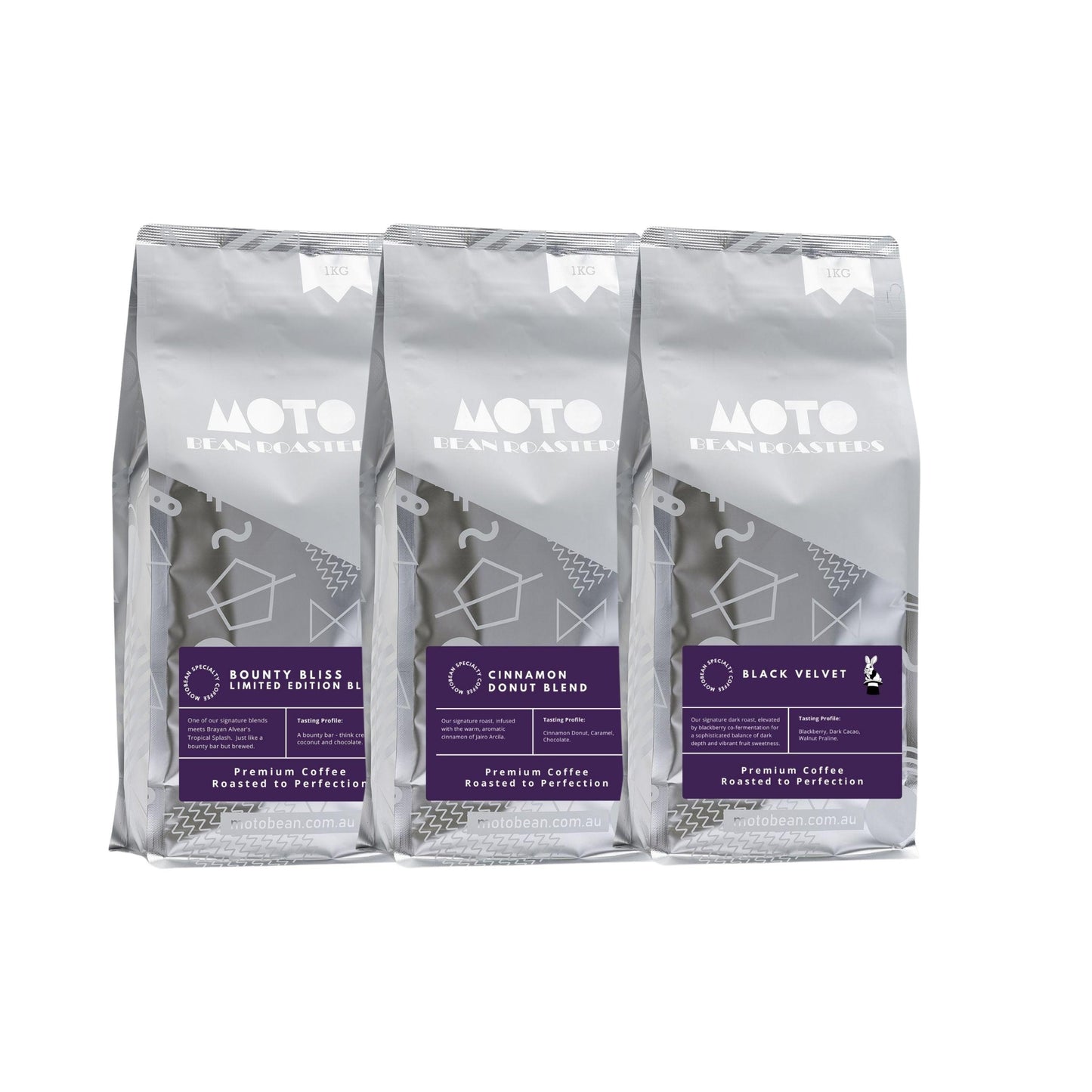 Motobean Coffee Roasters Philosophers Brews pack. A curated trio of co-fermented coffee masterpieces. Unique, fruit-infused blends that push the boundaries of modern craft. 3x1kg