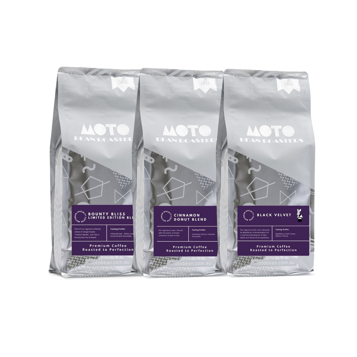 Motobean Coffee Roasters Philosophers Brews pack. A curated trio of co-fermented coffee masterpieces. Unique, fruit-infused blends that push the boundaries of modern craft. 3x1kg