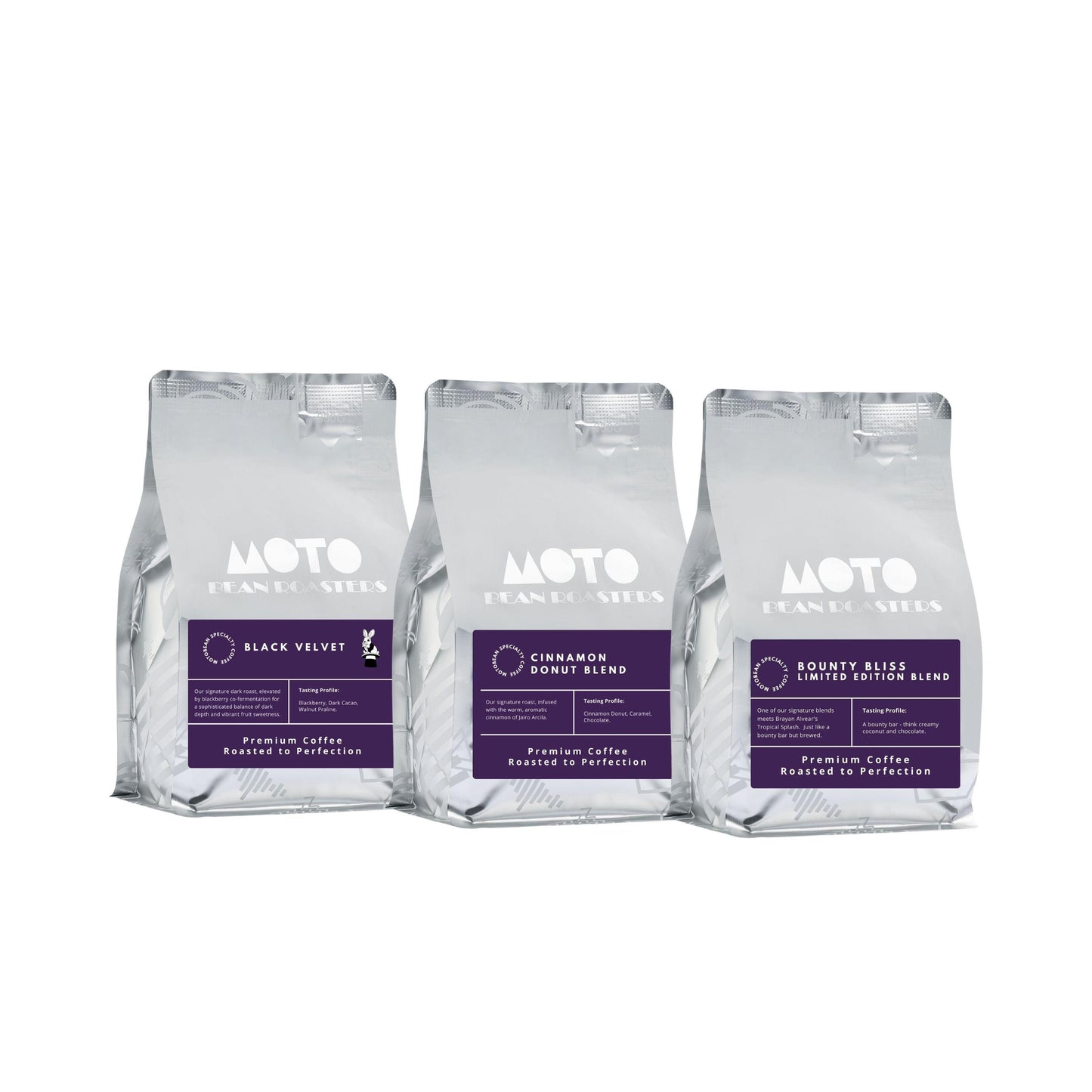 Motobean Coffee Roasters Philosophers Brews pack. A curated trio of co-fermented coffee masterpieces. Unique, fruit-infused blends that push the boundaries of modern craft. 3x250g