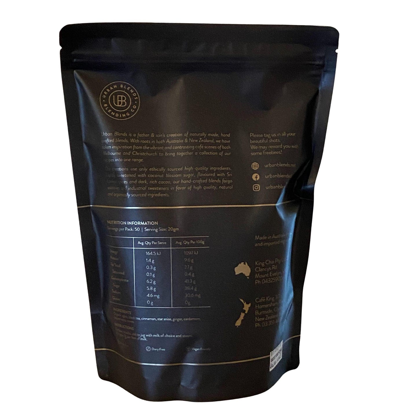 Urgan Blends Sticky Chai Chai Latte Ingredients.