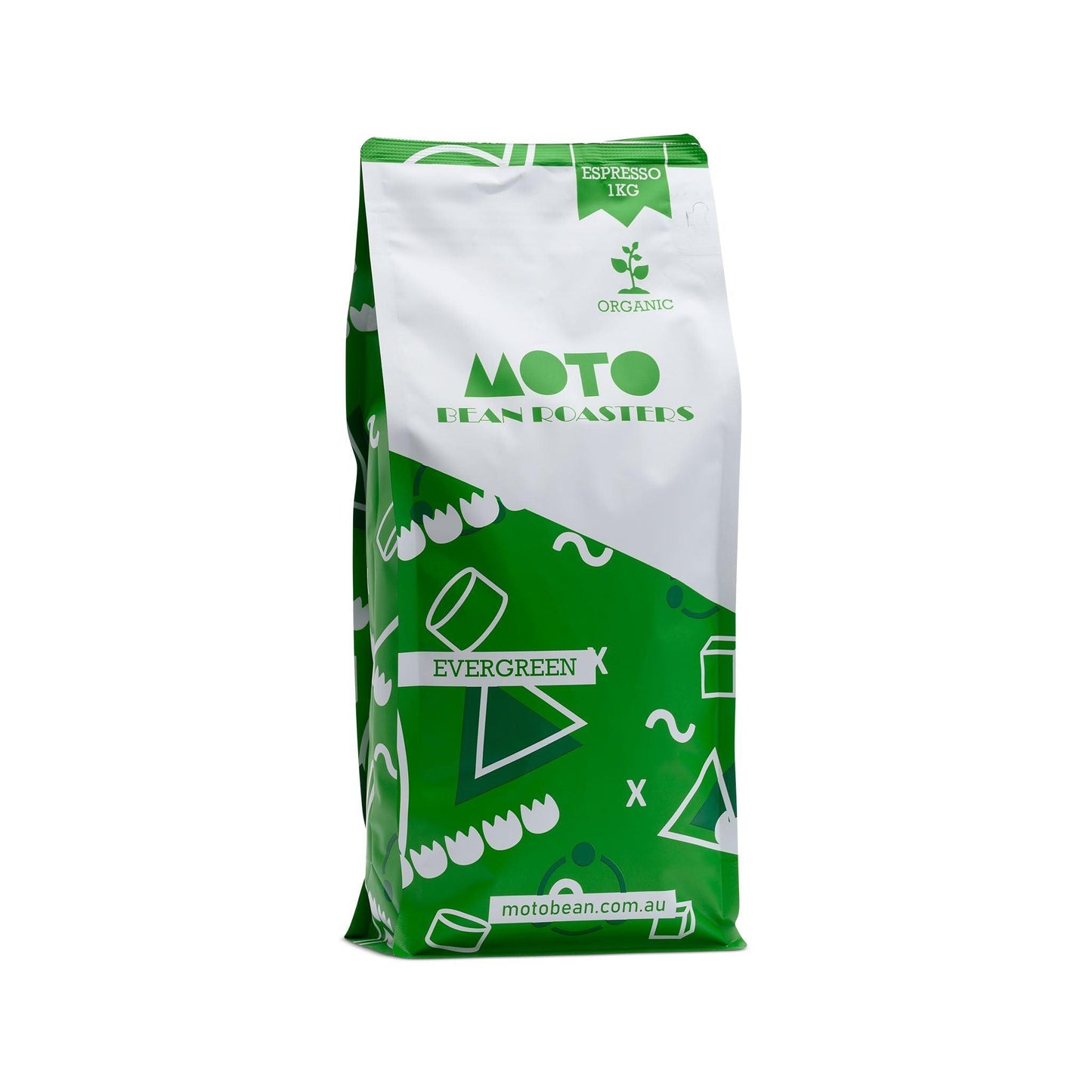 Evergreen Organic Blend coffee bag showcasing Certified Organic Espresso Coffee, 1kg sustainably sourced from Peru and Colombia.