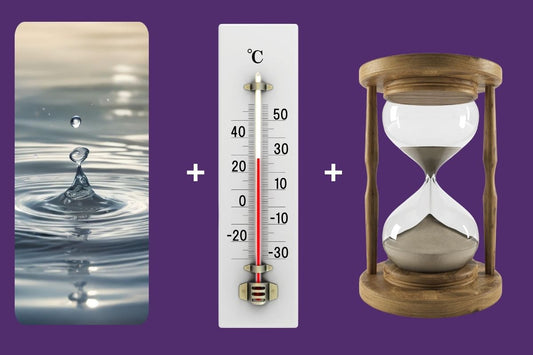 Swiss Water Decaf process: water drop, thermometer, and hourglass illustrating the decaffeination method.