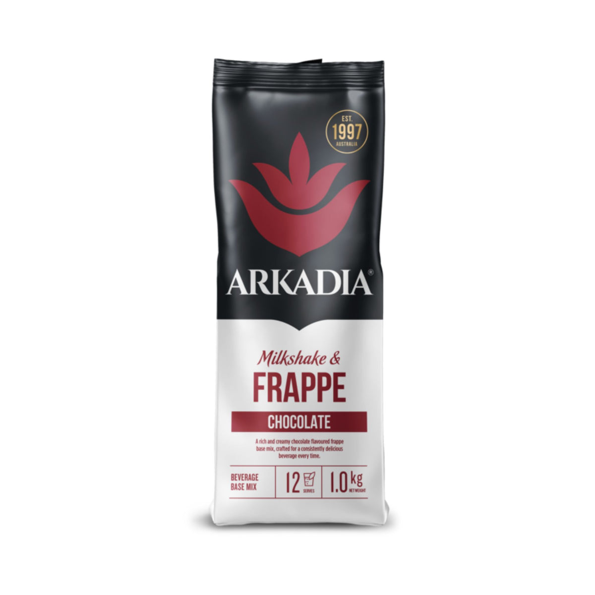 Arkadia chocolate frappe powder 1kg packaging with milkshake and frappe chocolate blend.