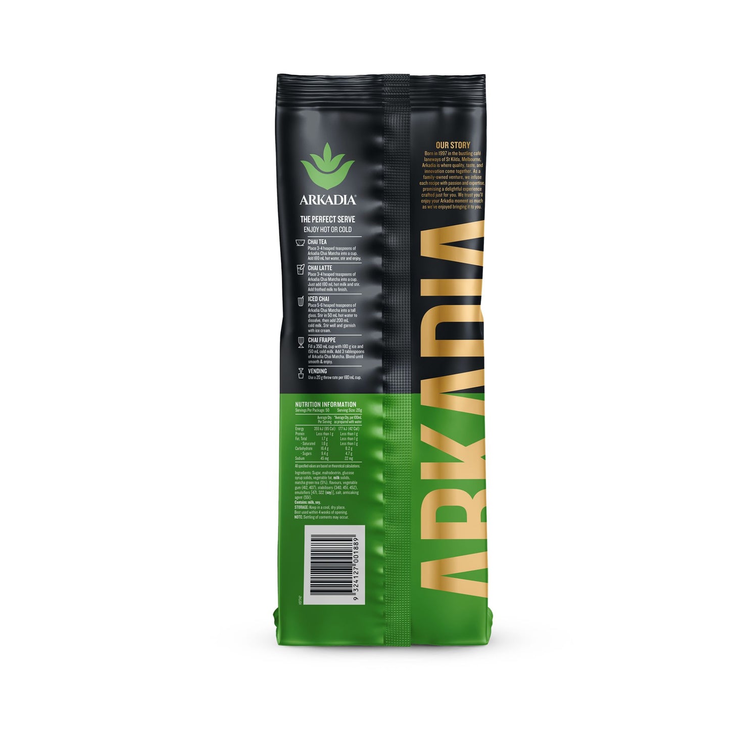 Arkadia Original Chai Matcha 1kg back of package, includes nutritional information and recipes.