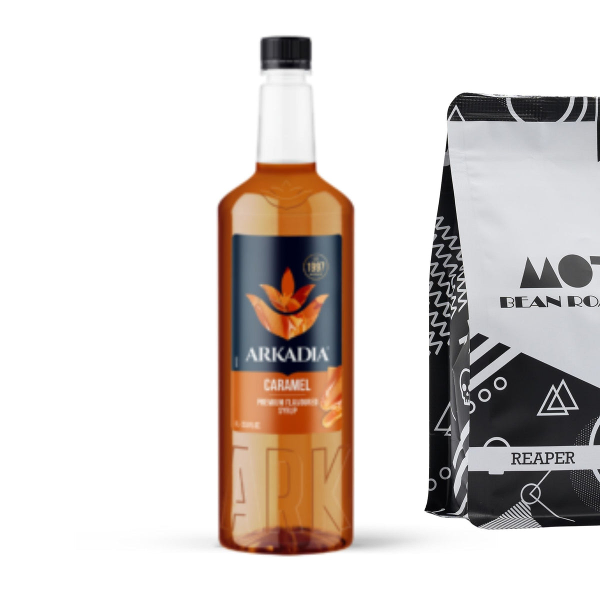 Arkadia Premium Syrup Caramel 1L bottle paired with Motobean Specialty Roasters Reaper Dark Roast Blend.