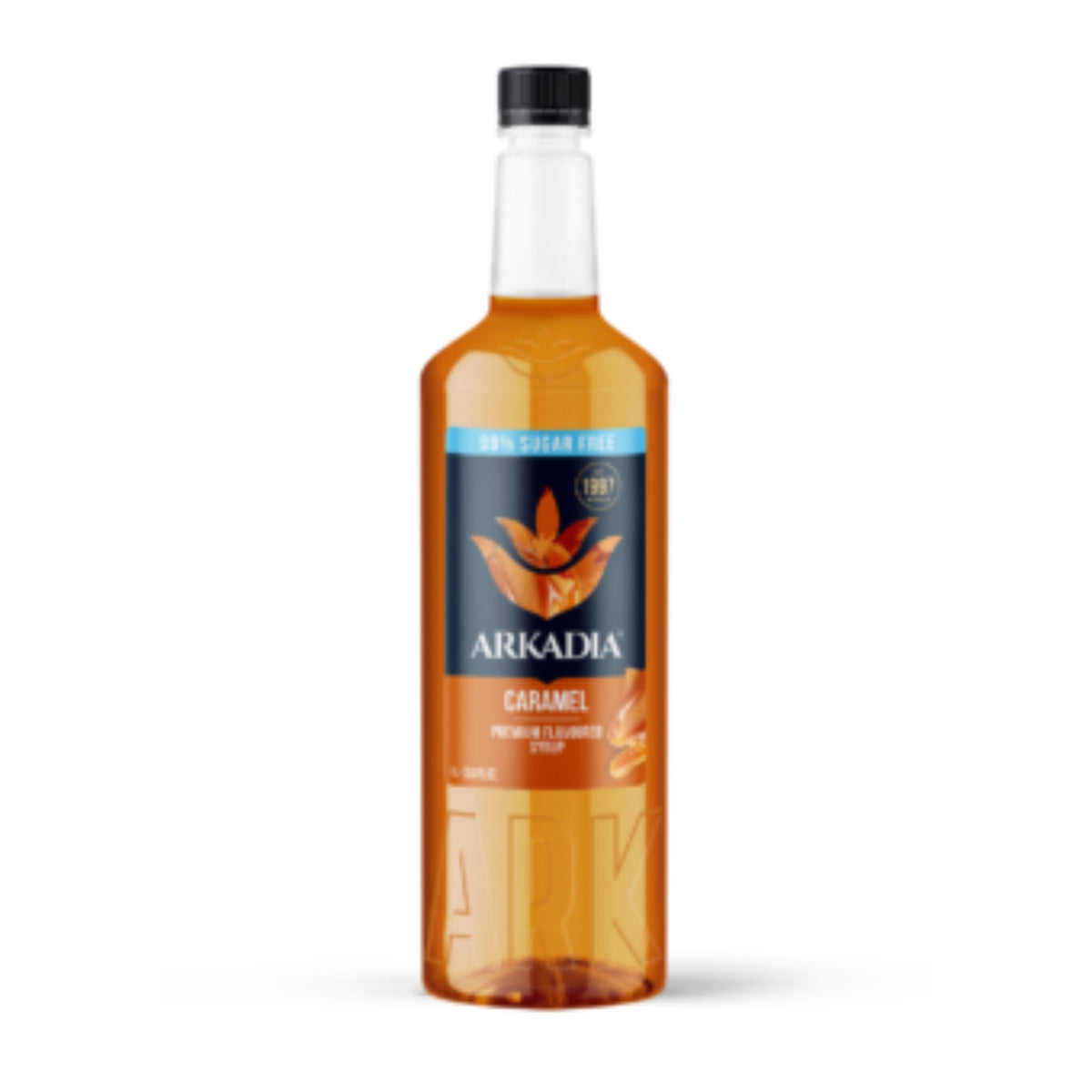 Arkadia Premium Caramel Syrup Sugar Free (99%) 1L bottle, gluten free and halal certified beverage.