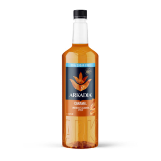 Arkadia Premium Caramel Syrup Sugar Free (99%) 1L bottle, gluten free and halal certified beverage.