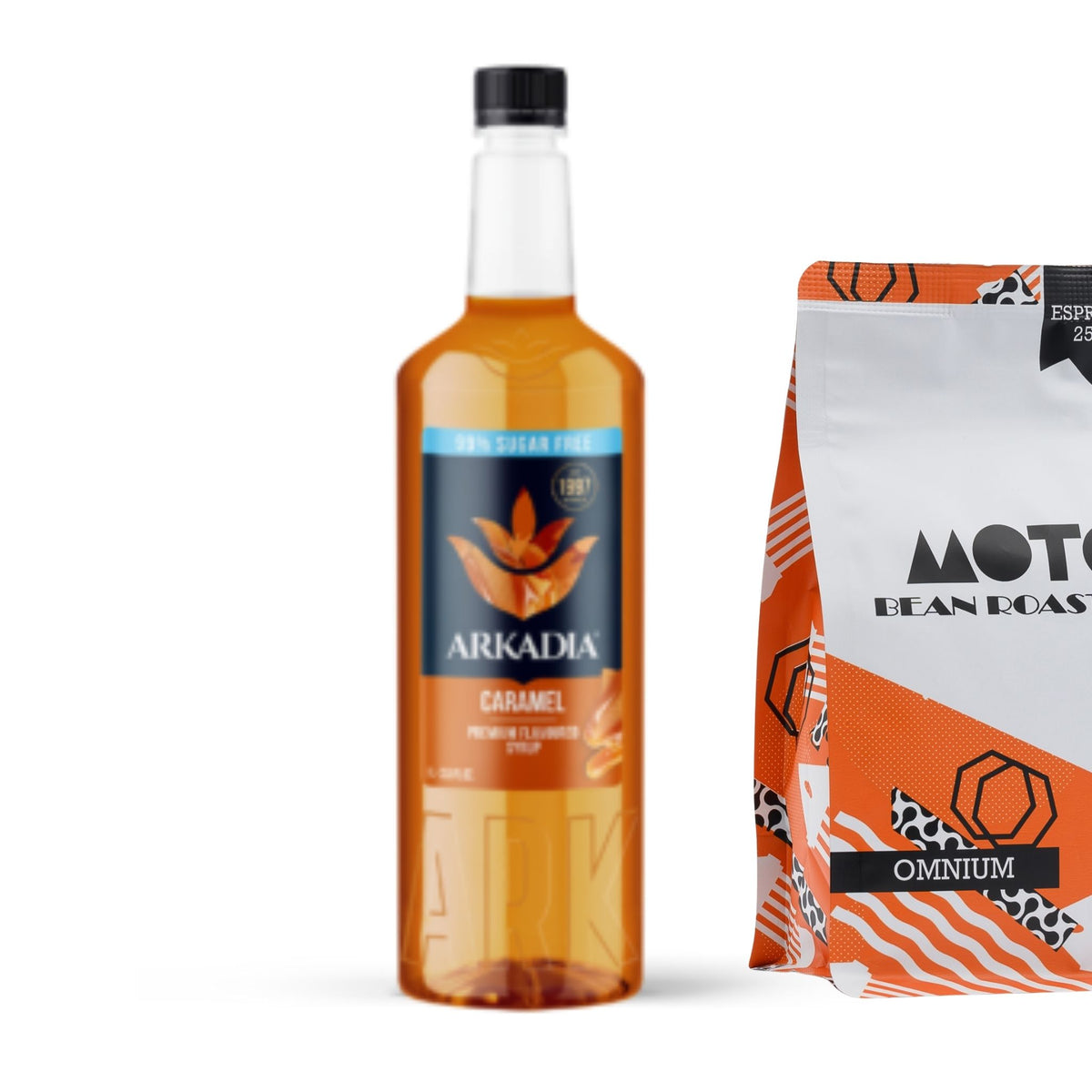 Arkadia Premium Caramel Syrup Sugar Free (99%) 1L bottle, gluten free and halal certified beverage. Paired with Motobean Roasters Omnium Blend