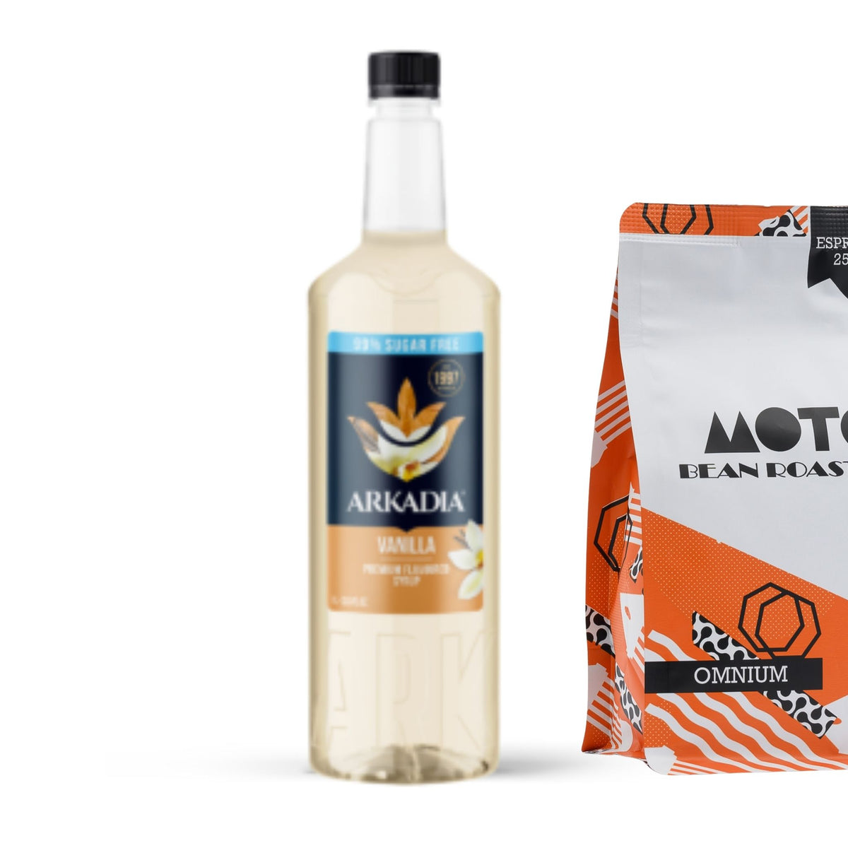 Arkadia Premium Vanilla Syrup Sugar Free 1L bottle, gluten free and halal certified, perfect for health-conscious indulgence.  Paired with Motobean Roasters Omnium Blend.