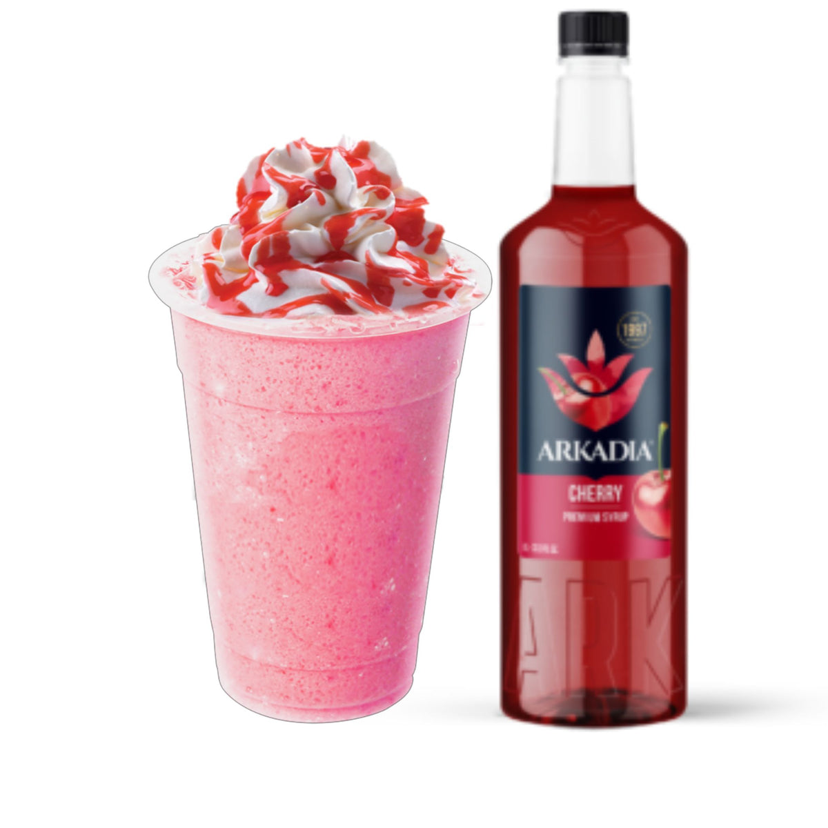 Arkadia Premium Syrup Cherry 1L bottle with Cherry Frappe