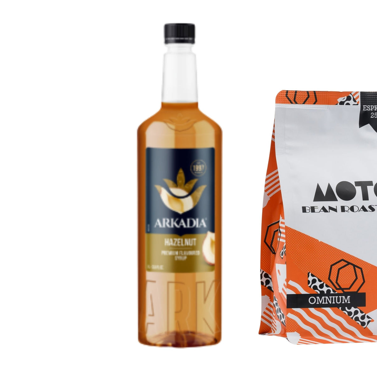 Arkadia Premium Syrup Hazelnut 1L bottle paired with Motobean Roasters Omnium Blend