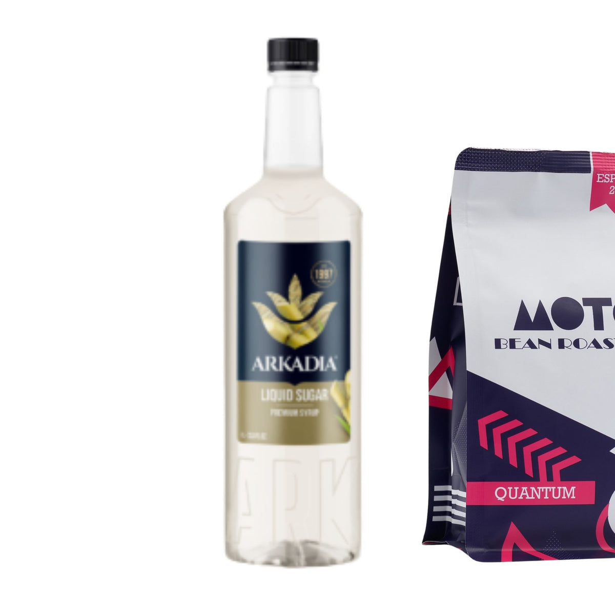 Arkadia Premium Syrup Liquid Sugar 1L bottle alongside Motobean Roasters Quantum Blend.