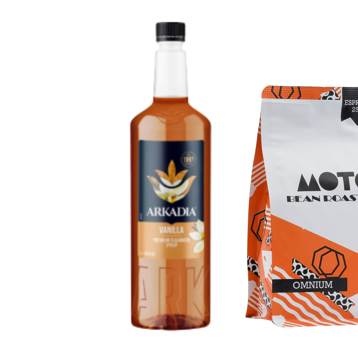Arkadia Premium Syrup Caramel 1L bottle paired to Motobean Specialty Roasters Omnium BLend