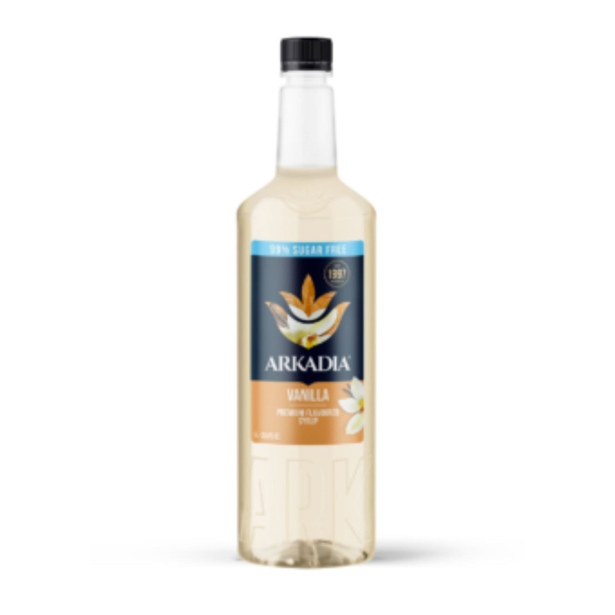 Arkadia Premium Vanilla Syrup Sugar Free 1L bottle, gluten free and halal certified, perfect for health-conscious indulgence.