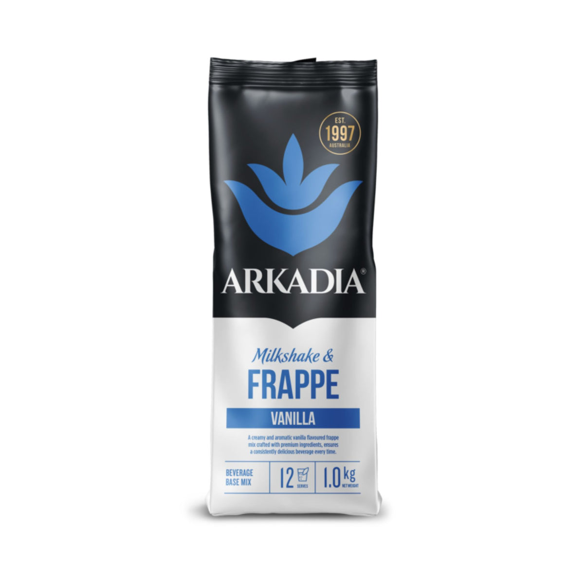 Arkadia Vanilla Frappe Powder 1kg pack, Halal certified, perfect for rich and creamy frappes.