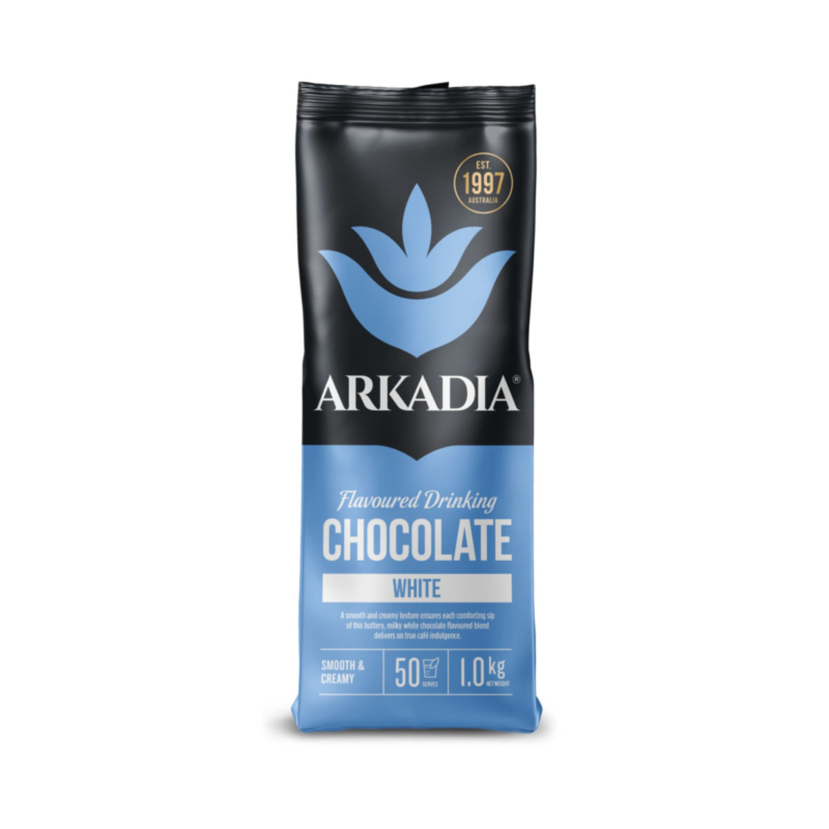 Arkadia white drinking chocolate 1kg pack featuring smooth and creamy white chocolate for indulgent drinks.