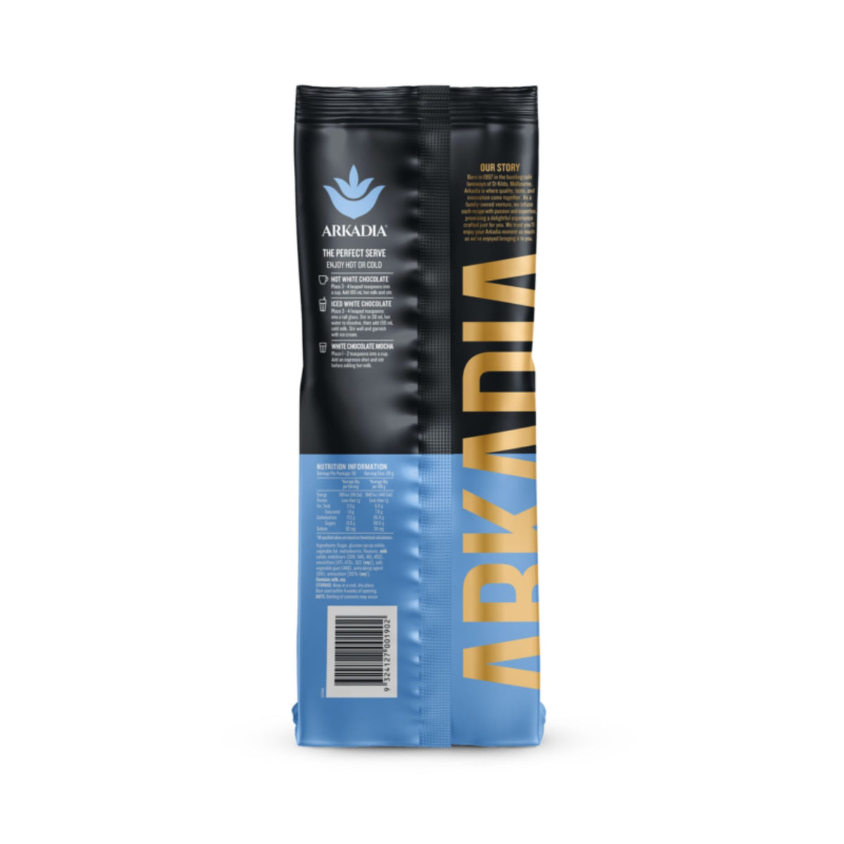 Arkadia White Drinking Chocolate 1kg packaging with black and blue design, perfect for creamy chocolate beverages.