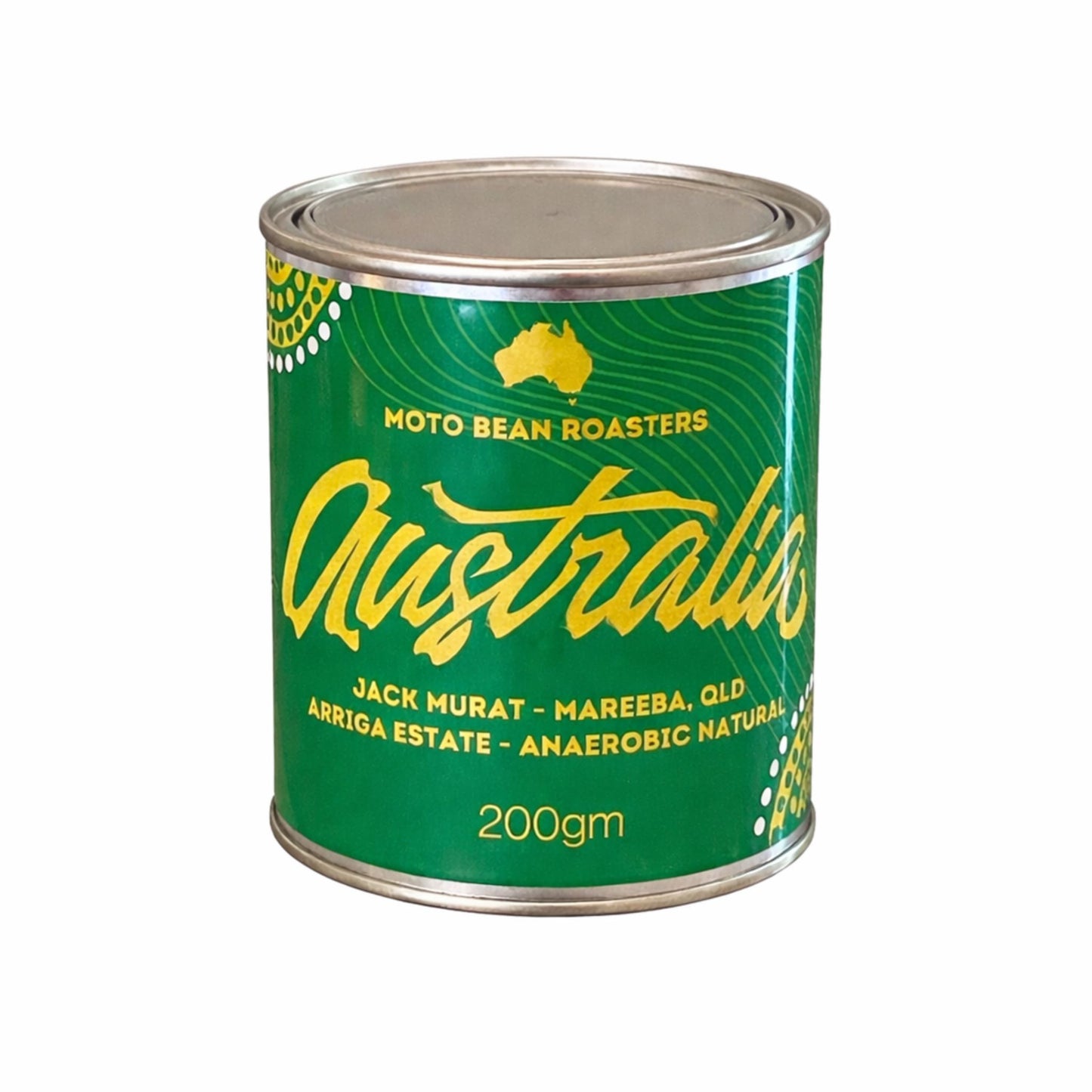 Jack Murat Australian Coffee Beans  from Mareeba QLD Arriga Estate. Anaerobic Natural Roasted by Moto Bean Specialty Coffee Roasters.  200gm Tin.  