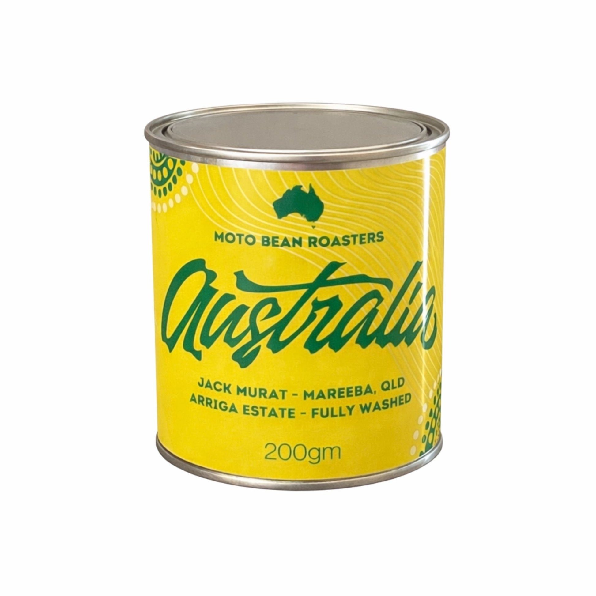Jack Murat Australian Coffee Beans  from Mareeba QLD Arriga Estate. Fully Washed Roasted by Moto Bean Specialty Coffee Roasters.  200gm Tin.  