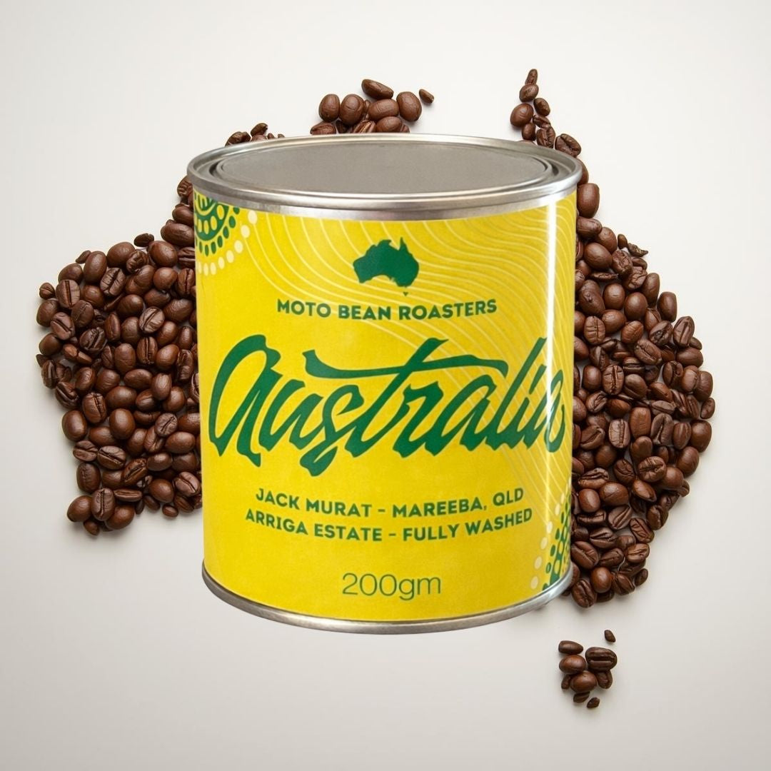 Jack Murat Australian Coffee Beans  from Mareeba QLD Arriga Estate. Fully Washed Roasted by Moto Bean Specialty Coffee Roasters.  200gm Tin.    Map of Australia made of Roasted Coffee Beans in Background.