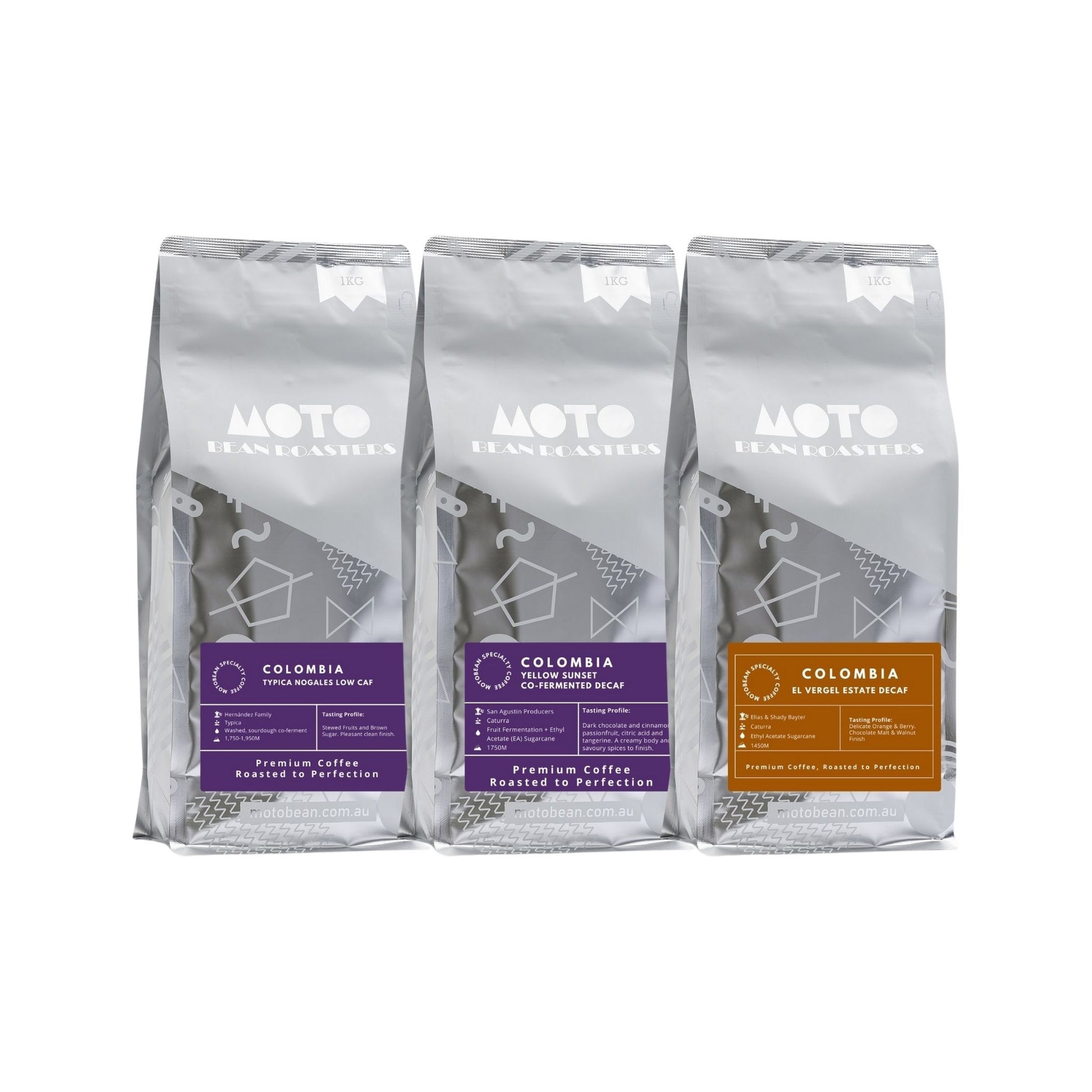 Motobean Specialty Coffee Roasters Evening Edition Coffee - Decaf, Yellow Sunset Decaf, Typica Nogals Lo-Caf Coffee Beans.  3x1kg