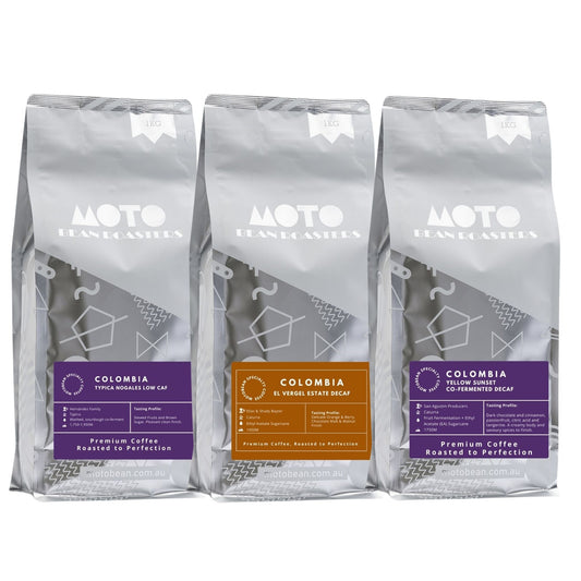 Motobean Specialty Coffee Roasters Evening Edition Coffee - Decaf, Yellow Sunset Decaf, Typica Nogals Lo-Caf Coffee Beans.  3x1kg