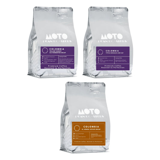 Motobean Specialty Coffee Roasters Evening Edition Coffee - Decaf, Yellow Sunset Decaf, Typica Nogals Lo-Caf Coffee Beans.  3x250gm