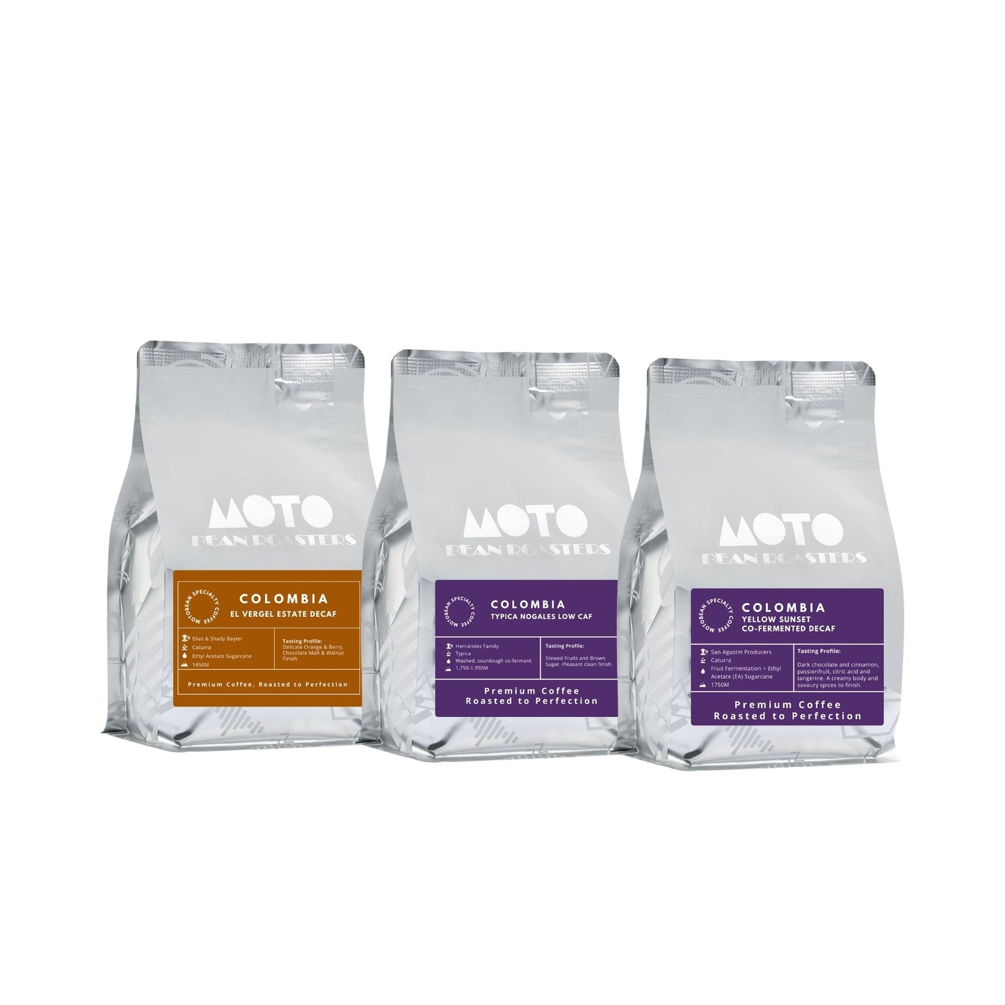 Motobean Specialty Coffee Roasters Evening Edition Coffee - Decaf, Yellow Sunset Decaf, Typica Nogals Lo-Caf Coffee Beans.  3x250gm