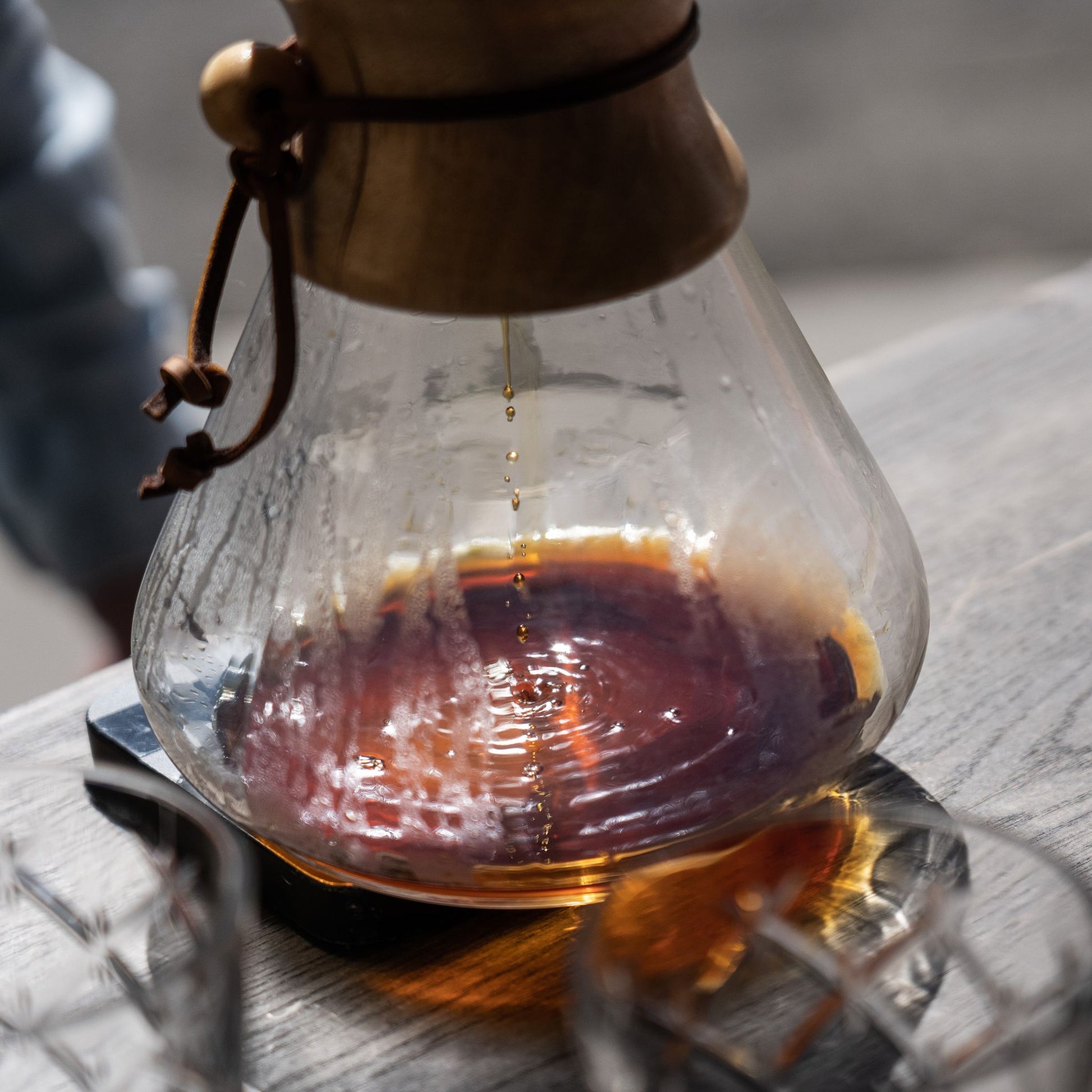 Pourover Filter Coffee Dripping into Glass Carafe.   Specialty Single Origin Filter Coffee Roasted by Motobean Specialty Coffee Roasters.