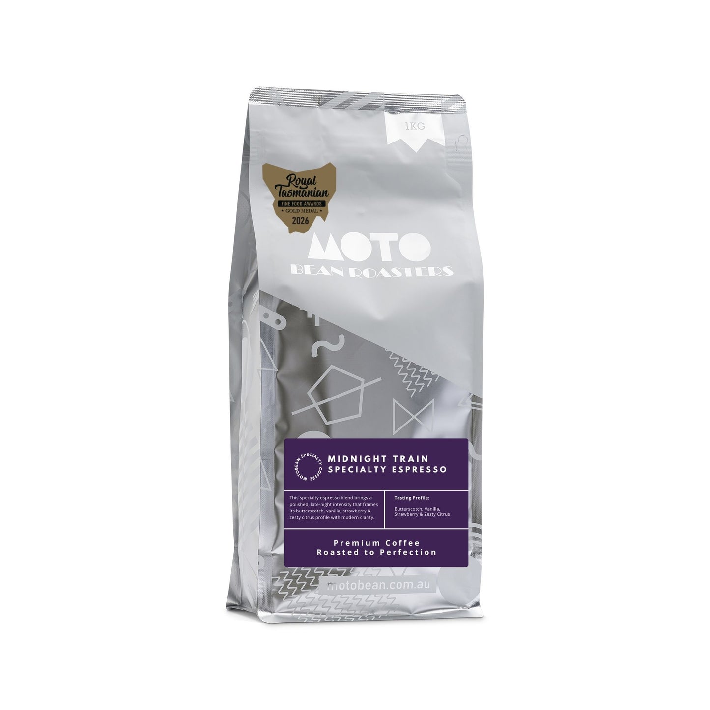 Midnight Train Specialty Espresso Blend by Motobean Roasters.  Competition  Gold – Class 134 (Espresso, Specialty Blend) Royal Tasmanian Fine Food Awards | July 2026.  1kg