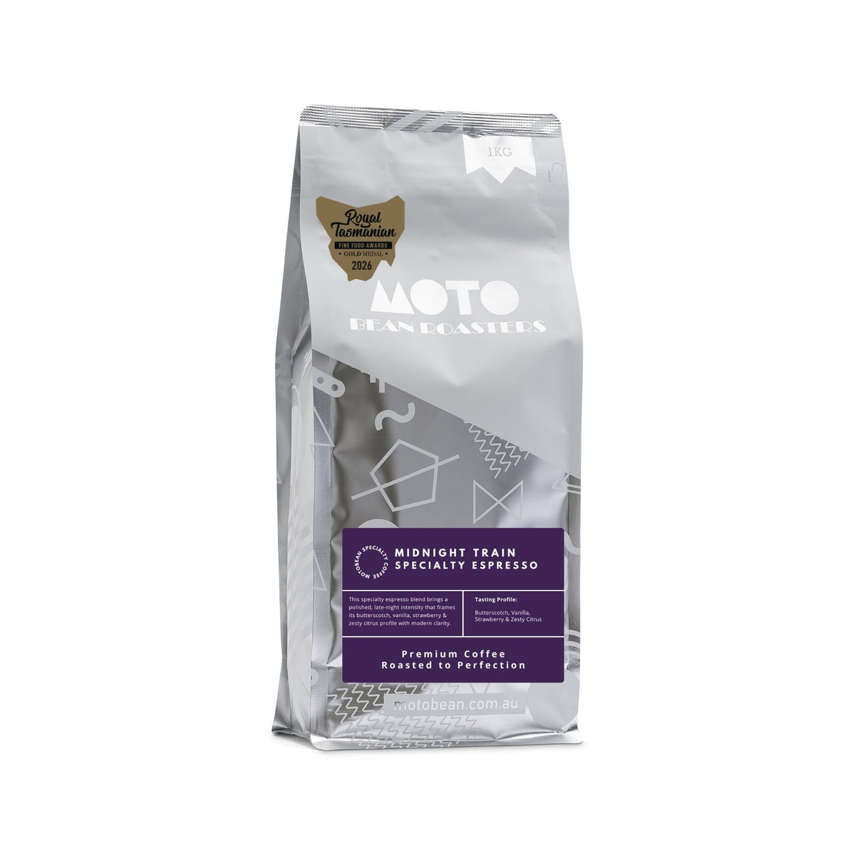 Midnight Train Specialty Espresso Blend by Motobean Roasters.  Competition  Gold – Class 134 (Espresso, Specialty Blend) Royal Tasmanian Fine Food Awards | July 2026.  1kg