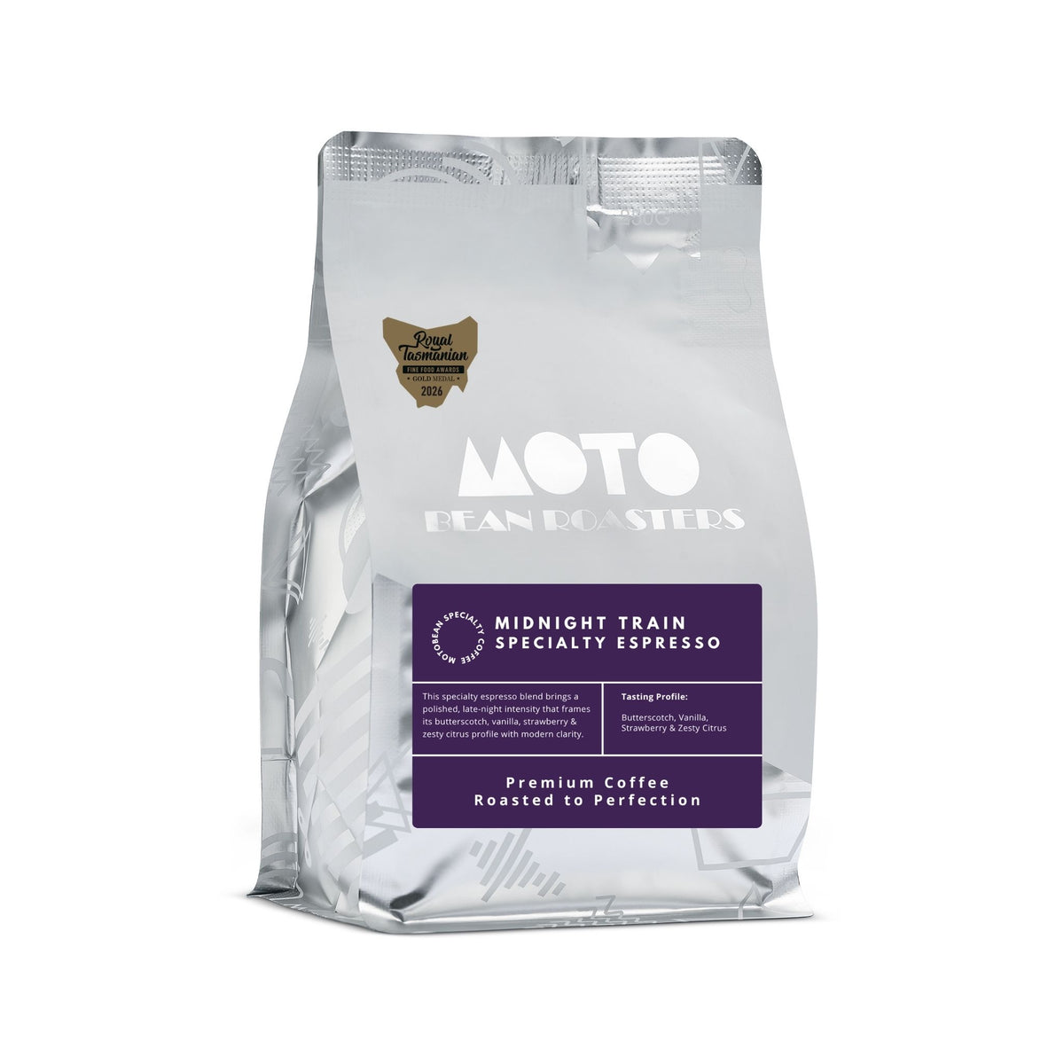 Midnight Train Specialty Espresso Blend by Motobean Roasters.  Competition  Gold – Class 134 (Espresso, Specialty Blend) Royal Tasmanian Fine Food Awards | July 2026.  250gm