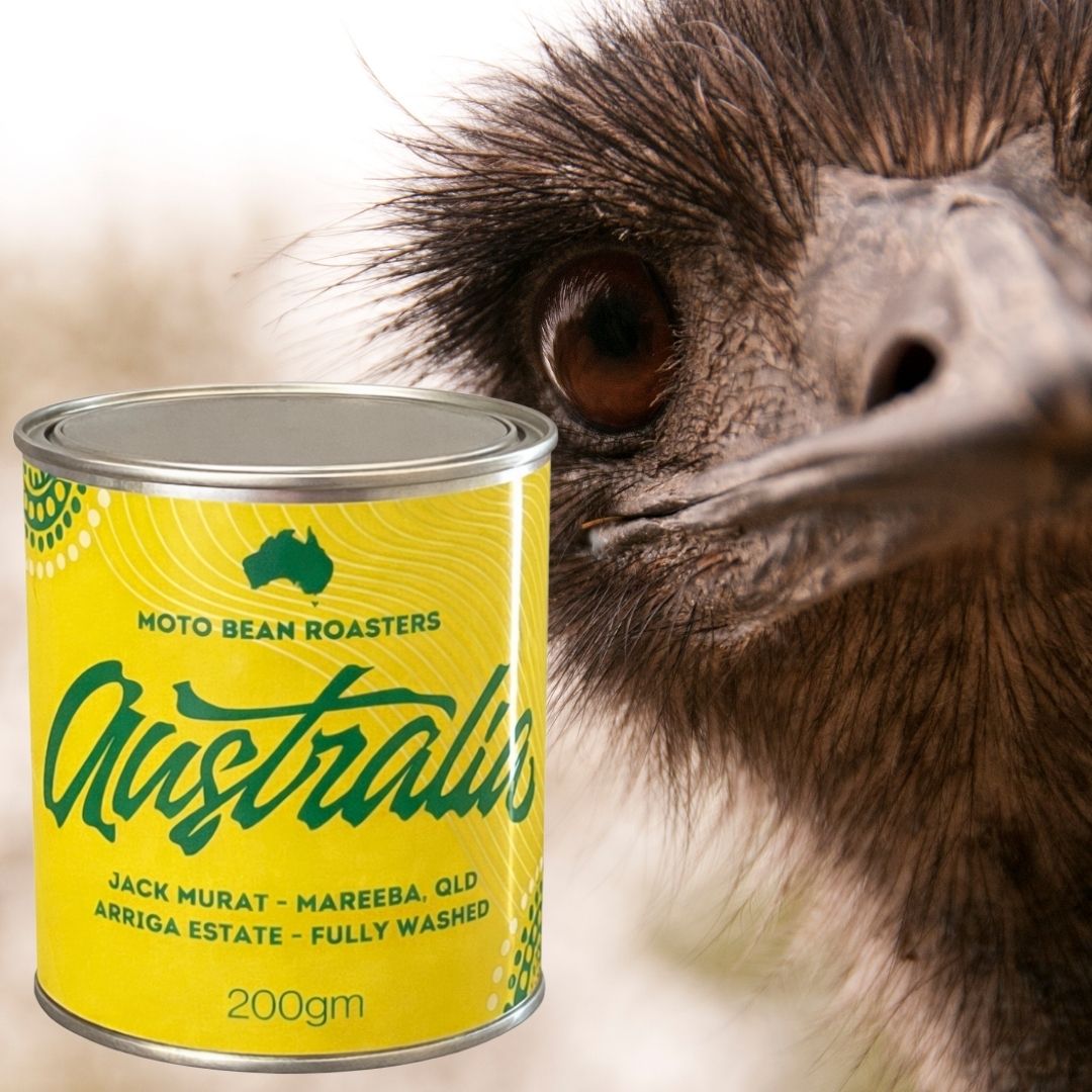 Moto Bean Roasters Australian Coffee Jack Murat Arriga Estate Queensland Fully Washed.  Sold in Motobean in limited edition 200gm tin.  Background Australian Emu.