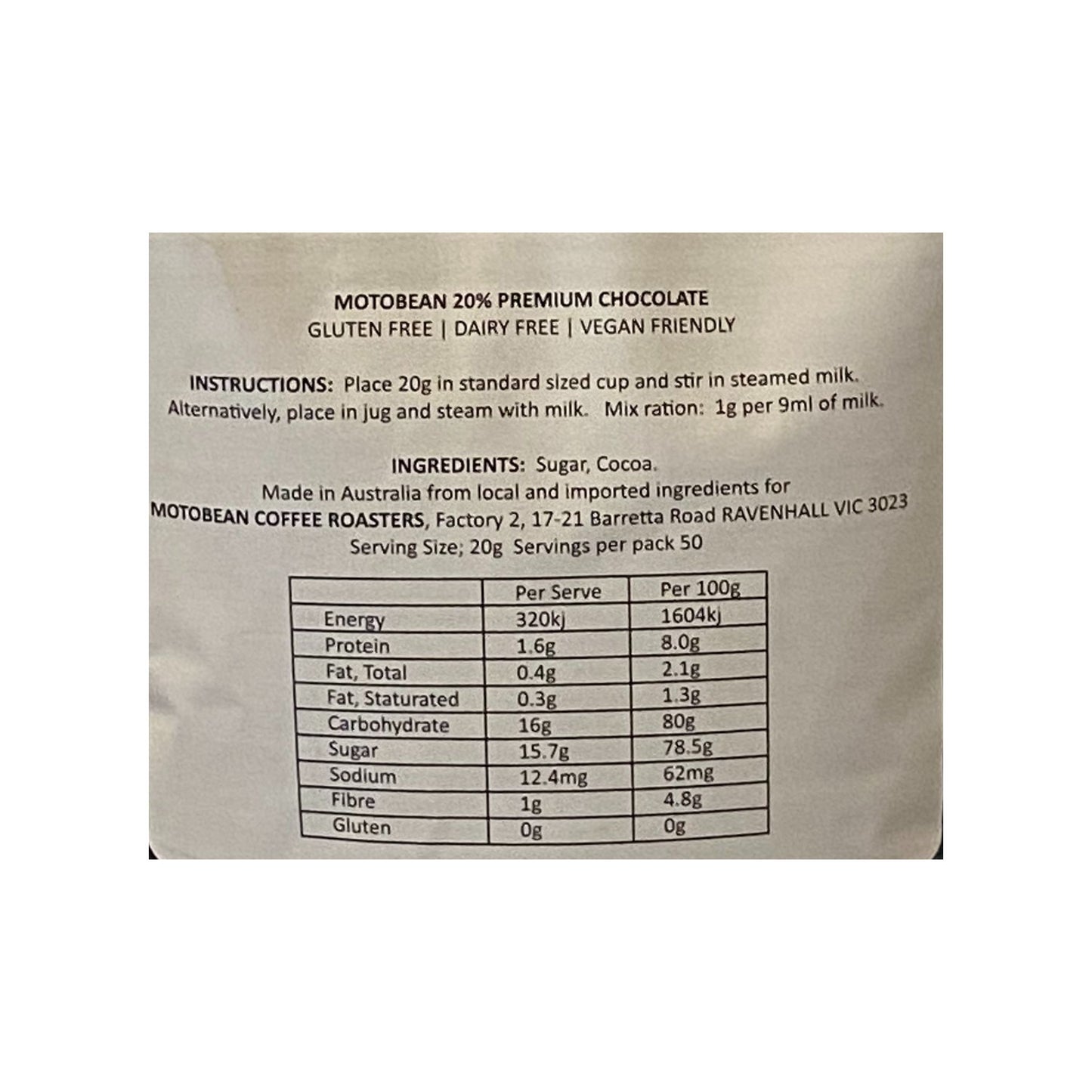 Motobean Roasters 20% Cocoa Premium Hot  Chocolate Powder Ingredients and Instructions