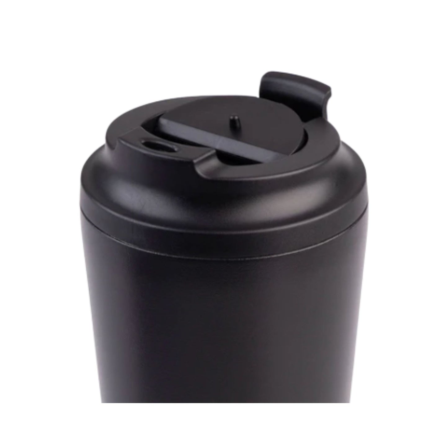 Oasis Ceramic Lined Coffee Cup Double Wall 235ml Black.  Flip‑Open Lid — Secure, easy‑sip spout. Leak‑Resistant — Food‑safe silicone seal