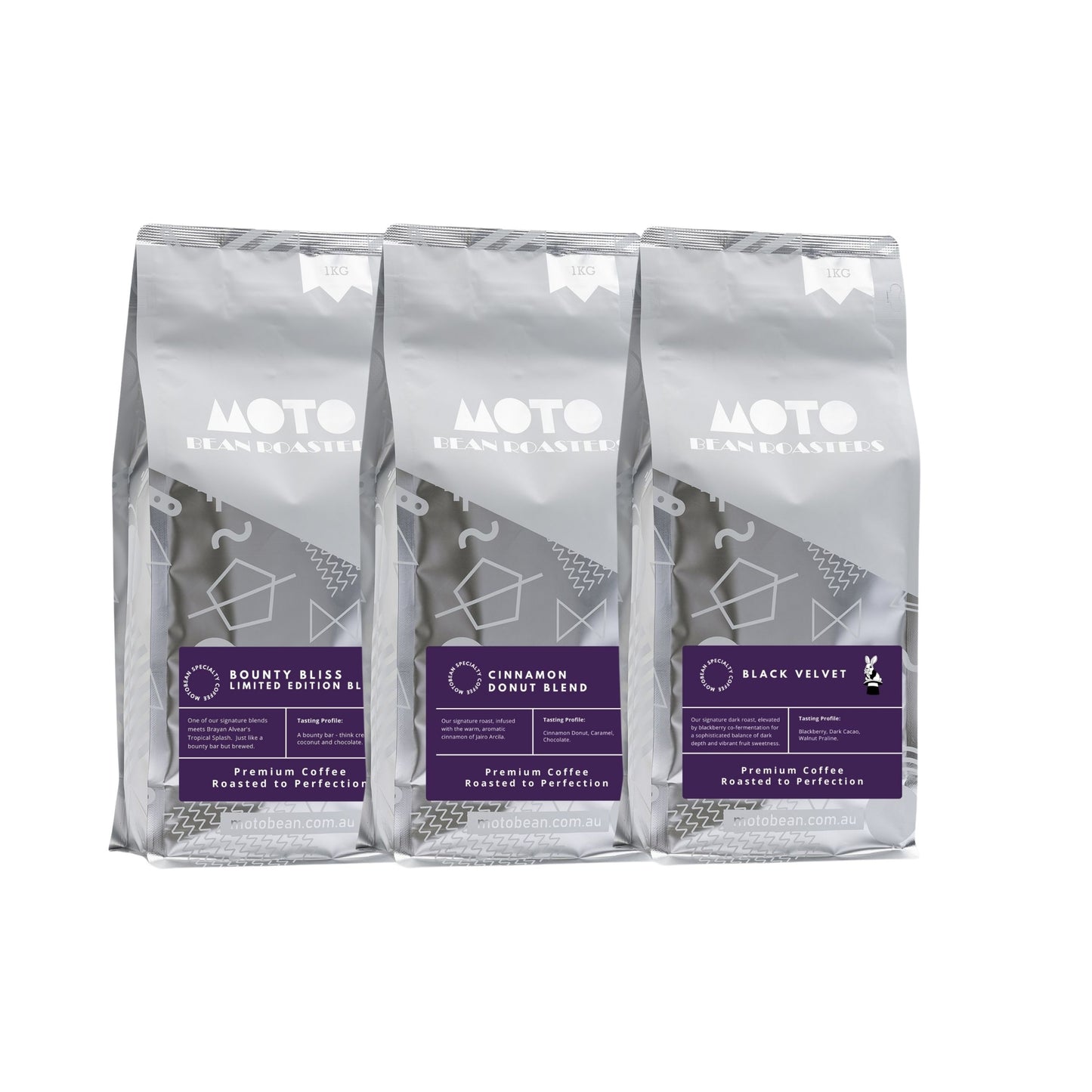 Motobean Coffee Roasters Philosophers Brews pack.  A curated trio of co-fermented coffee masterpieces. Unique, fruit-infused blends that push the boundaries of modern craft. 3x1kg