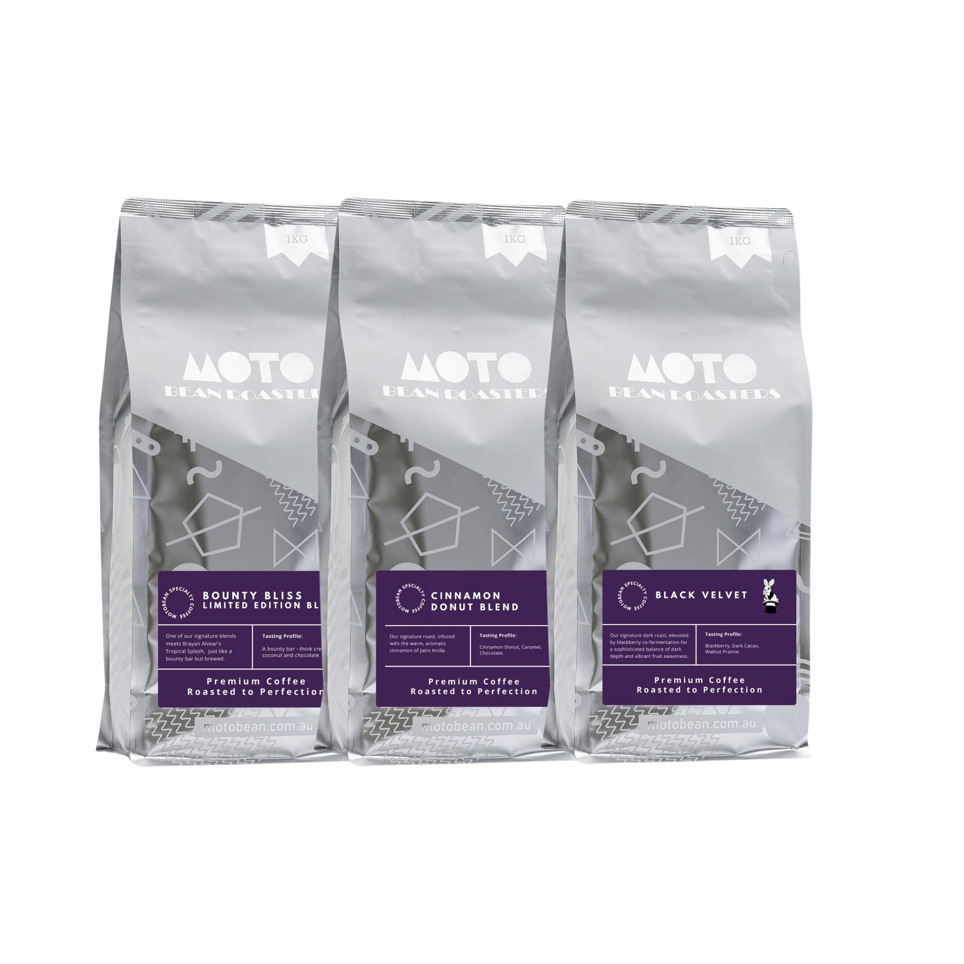 Motobean Coffee Roasters Philosophers Brews pack.  A curated trio of co-fermented coffee masterpieces. Unique, fruit-infused blends that push the boundaries of modern craft. 3x1kg
