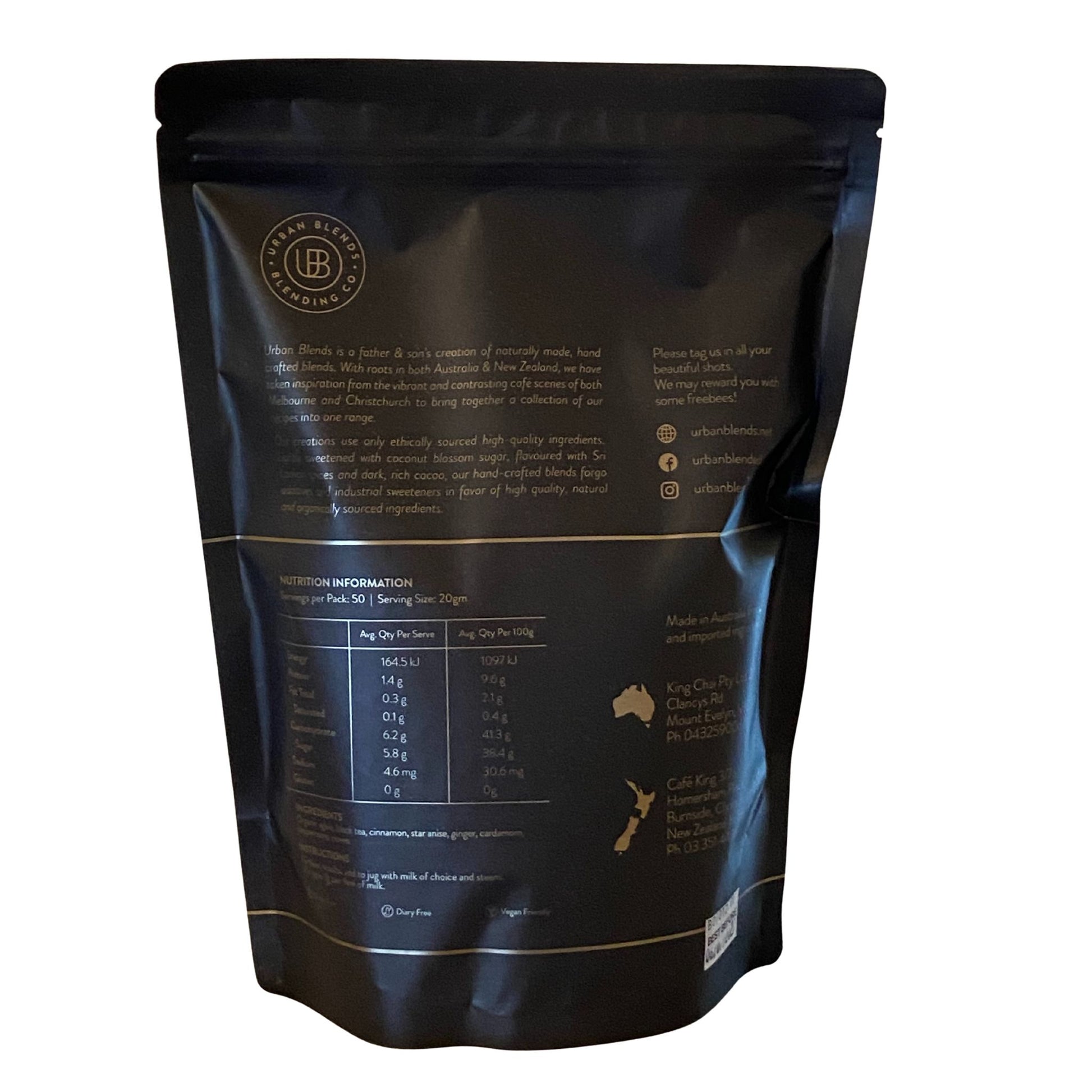 Urgan Blends Sticky Chai Chai Latte Ingredients.